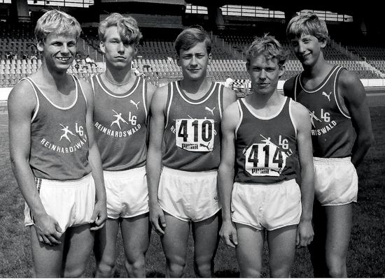 Historisches Foto: LGR-Mehrkampfasse 1985 bei den Hessischen Meisterschaften